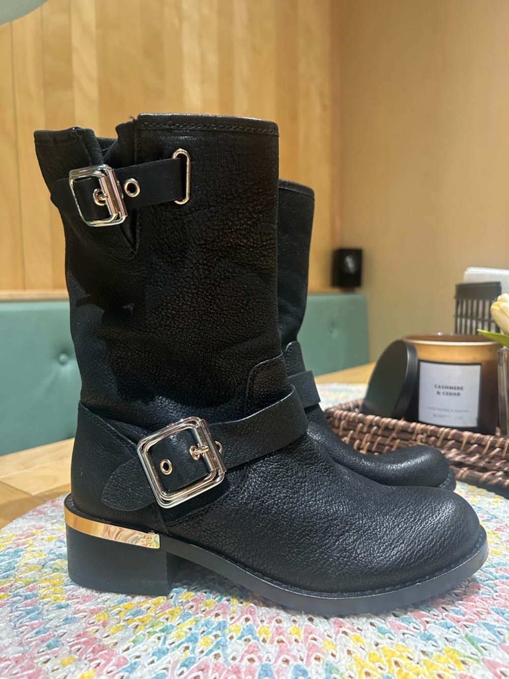 Vince Camuto Windy Moto Boots Black Leather Gold Buckle Women’s Size 5.5